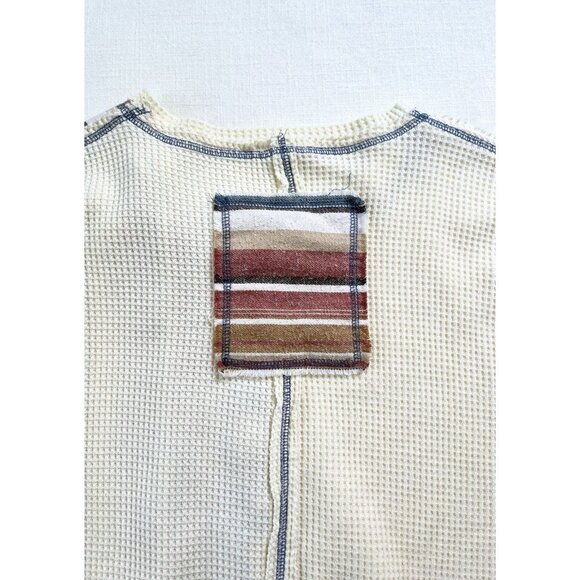 POL Mens Sz M Oversized Henley Tan waffle Knit Mixed Striped Fabric‎ (flaw) - Picture 7 of 11